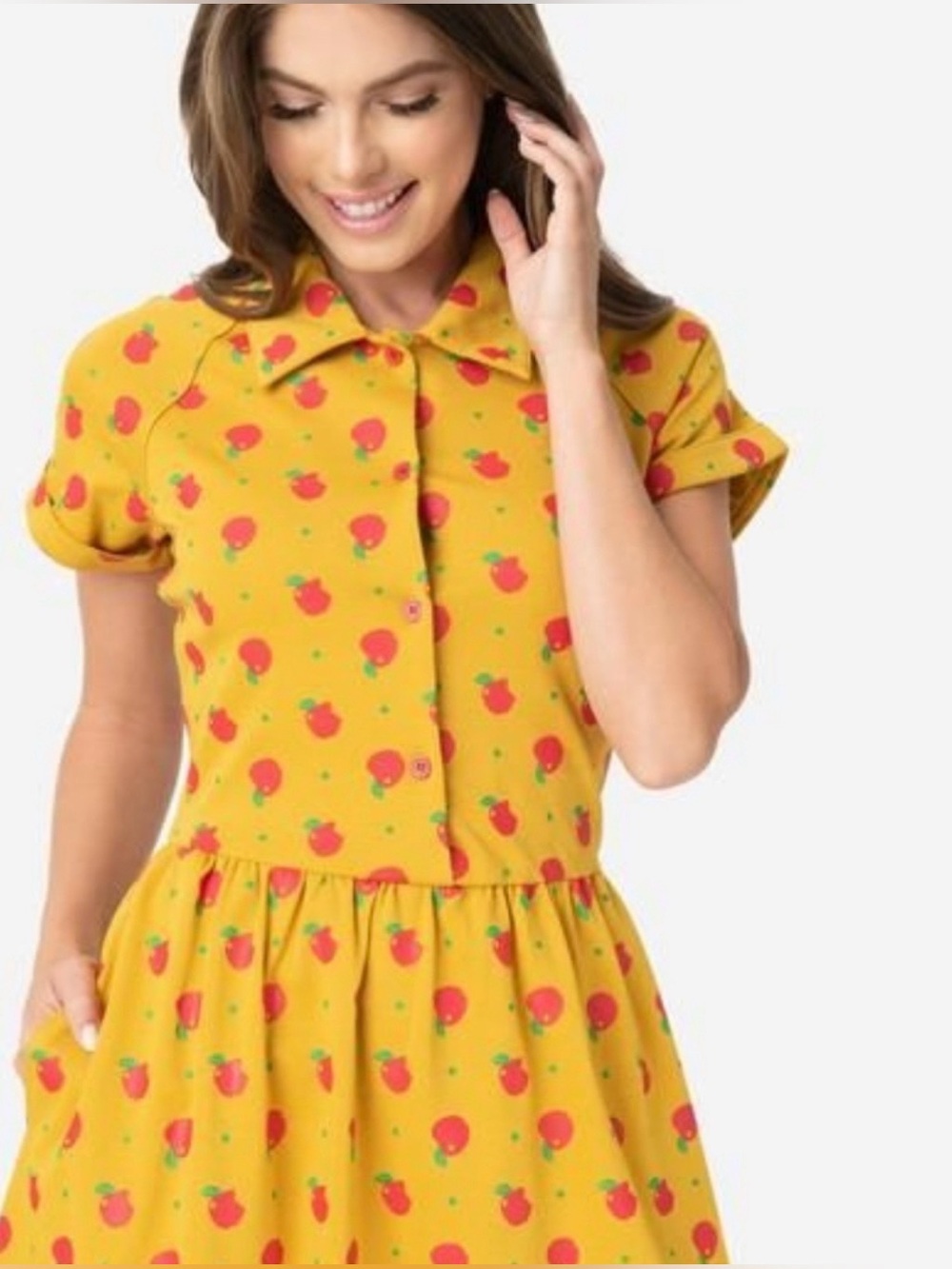 Unique Vintage Retro Collared Apple Print Yellow Mini Shirt Dress Size 3X (20)